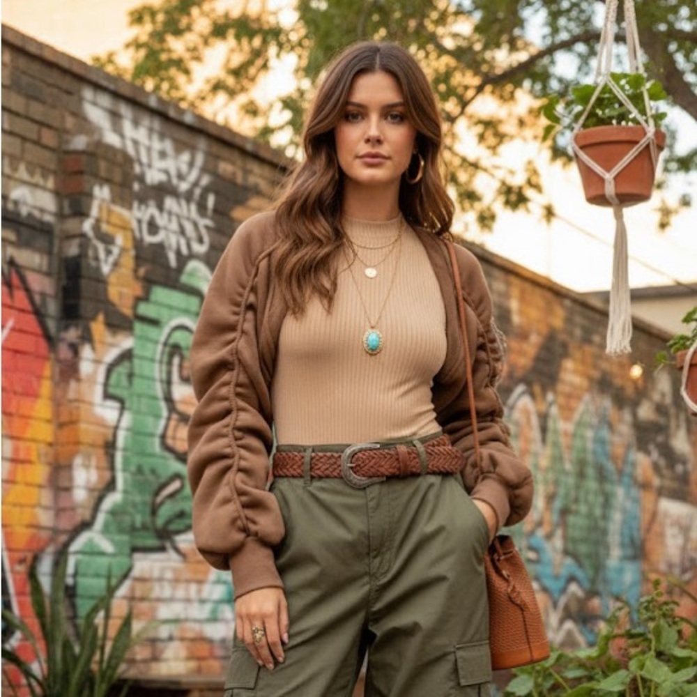 Brown Bomber Jacket with Beige Top